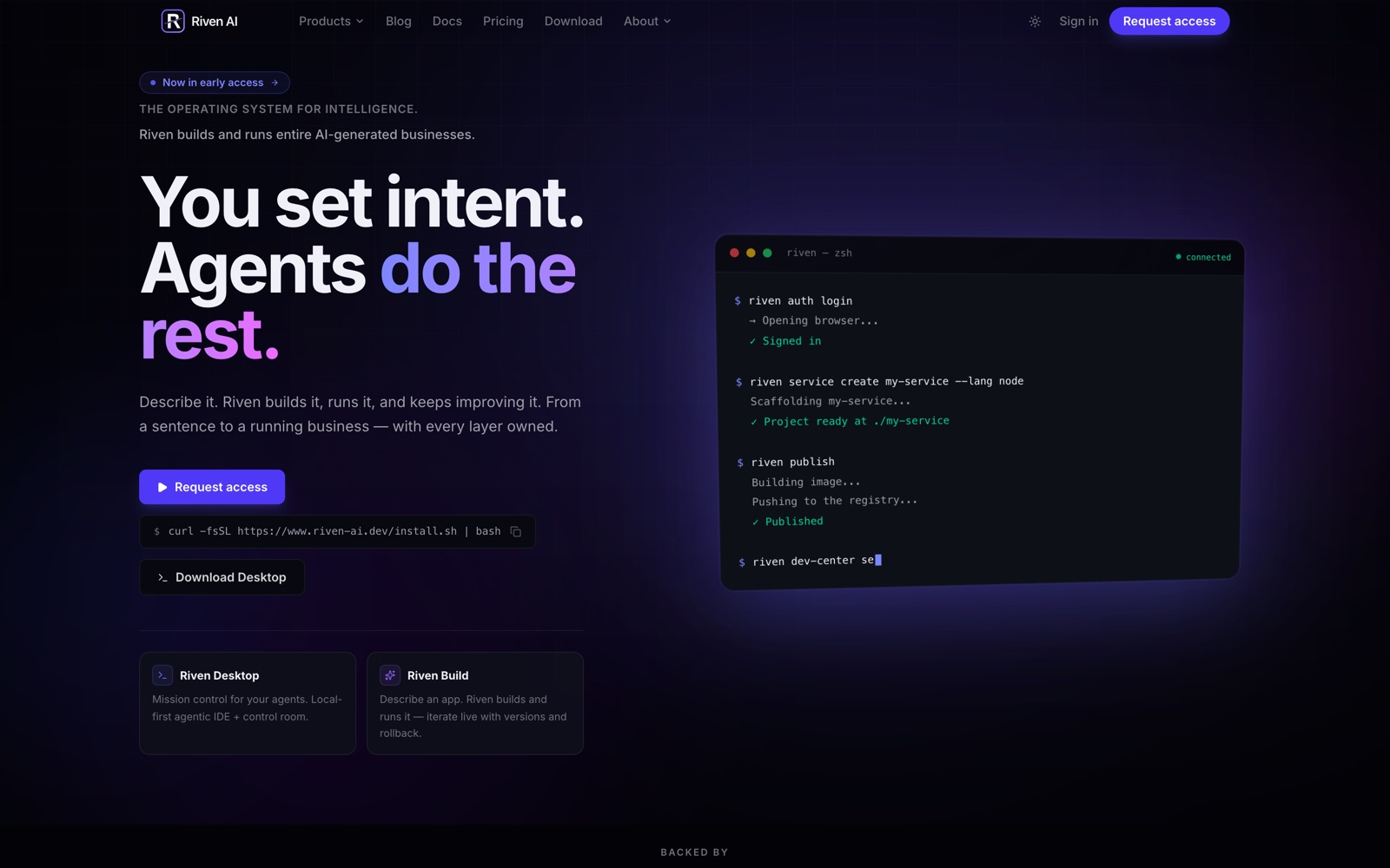 Riven AI: The homepage: describe intent, agents do the rest