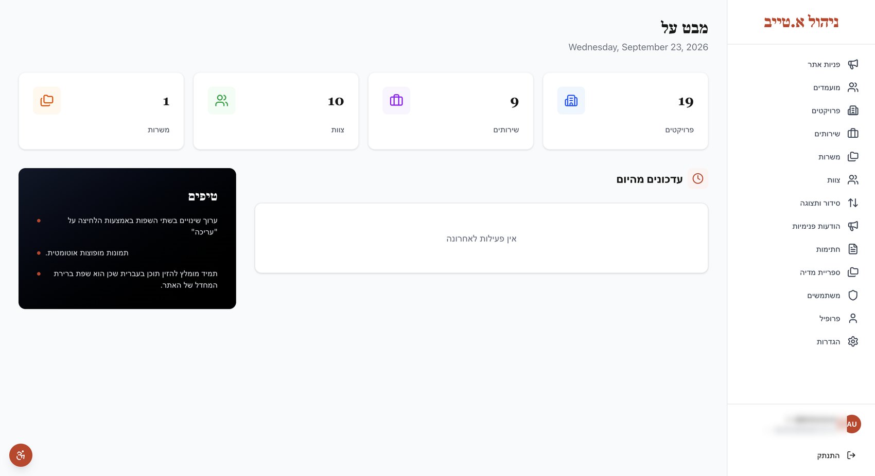 Corporate site and internal dashboard: Dashboard overview